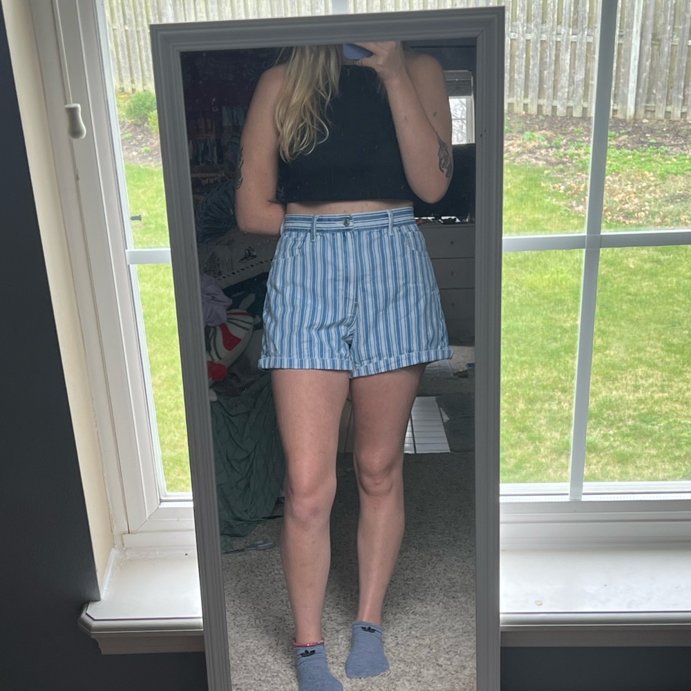 Blue & White Striped Hi-Rise Mom Short- American Eagle